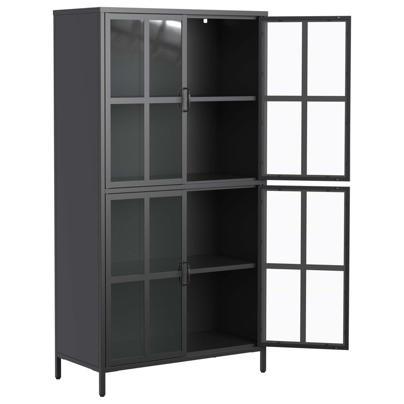 Premium Metal Storage Cabinet With Tempered Glass Doors, Adjustable Shelves, Anti-Tipping Device, And Magnetic Silent Closure For Home And Office Use