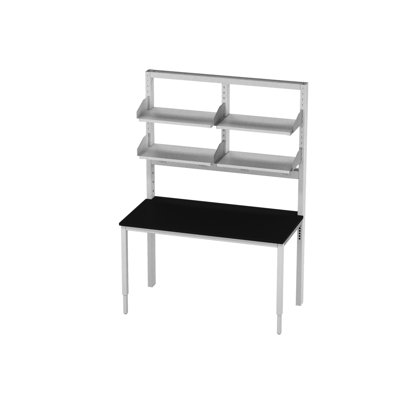 Banc Integra, l 60 po x P 30 po, base coulissante, plateau phénolique, finition thermolaquée époxy blanc cassé, 4 prises doubles blanches standard (circuit unique), assemblage en deux parties, comprenant deux tablettes configurables