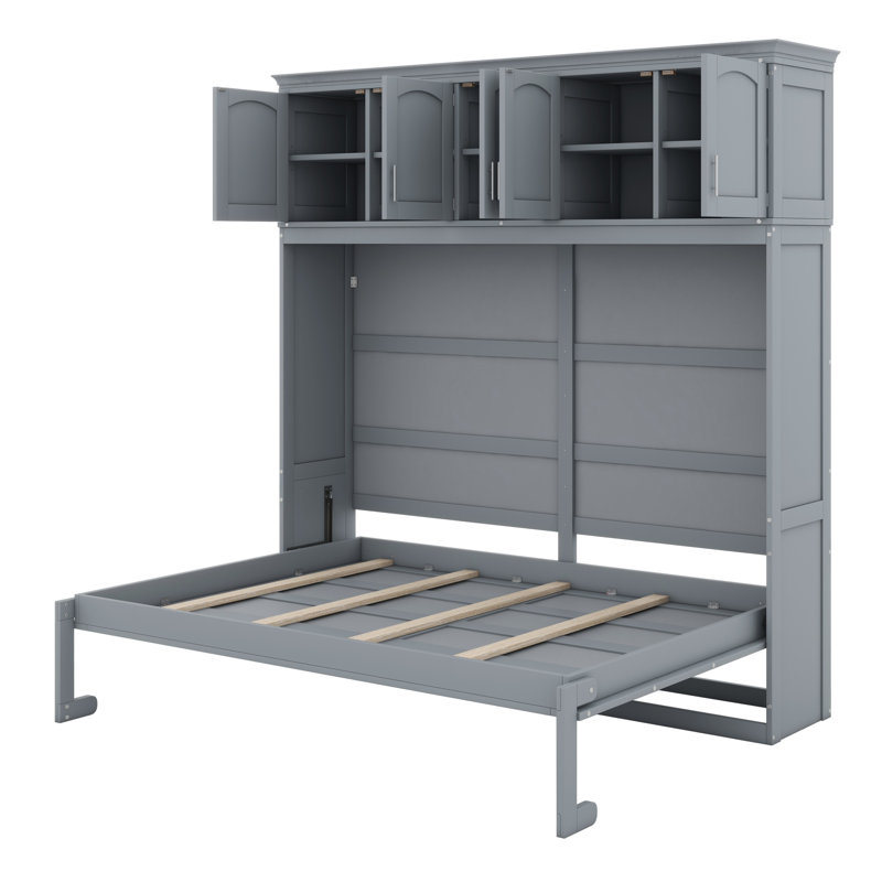 Murphy Bed Wall Bed With Top Cabinets, Gray, Queen