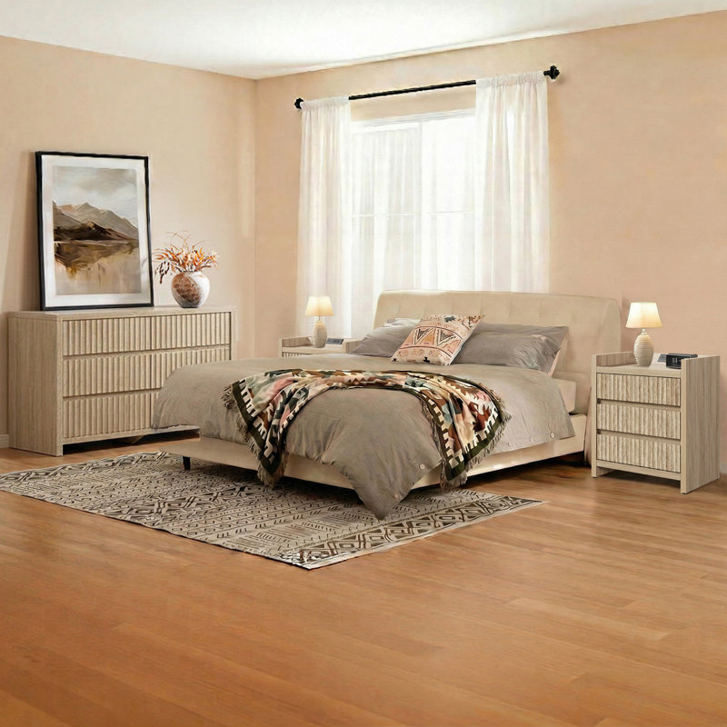 Ensemble de tables de chevet modernes à 3 tiroirs avec station de charge USB et commode à 6 tiroirs, Sandstone Beige