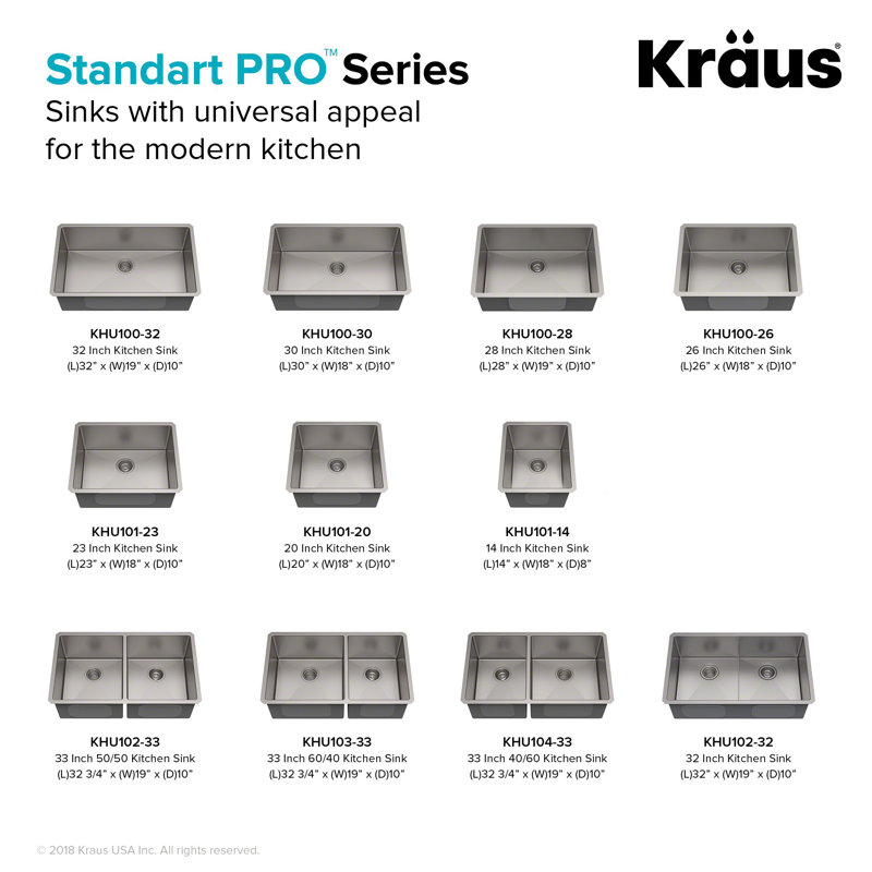 KRAUS Standart Pro Undermount 16 Gauge Stainless Steel Bar Kitchen Sink, 10"H x 18"W x 30"L, Single Bowl