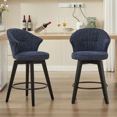 Tabourets de bar réglables de 25 po à hauteur de comptoir de 2, revêtement en chenille bleue et pieds en bois massif pour îlot de cuisine, pub, salle à manger et construction