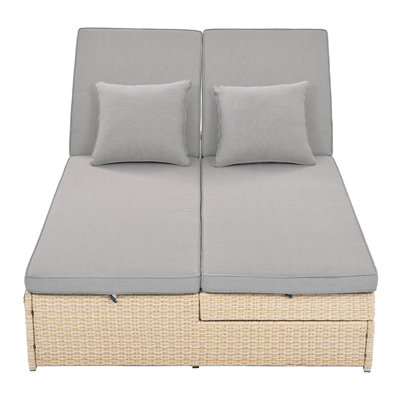 2-Person All Weather PE Wicker Double Sunbed with Adjustable Backrest & Side Cup Trays, Brown