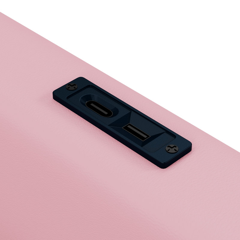 Lit simple tapissier rose avec garde-corps et station de charge - look épuré, capacité de charge élevée pour la plateforme des utilisateurs