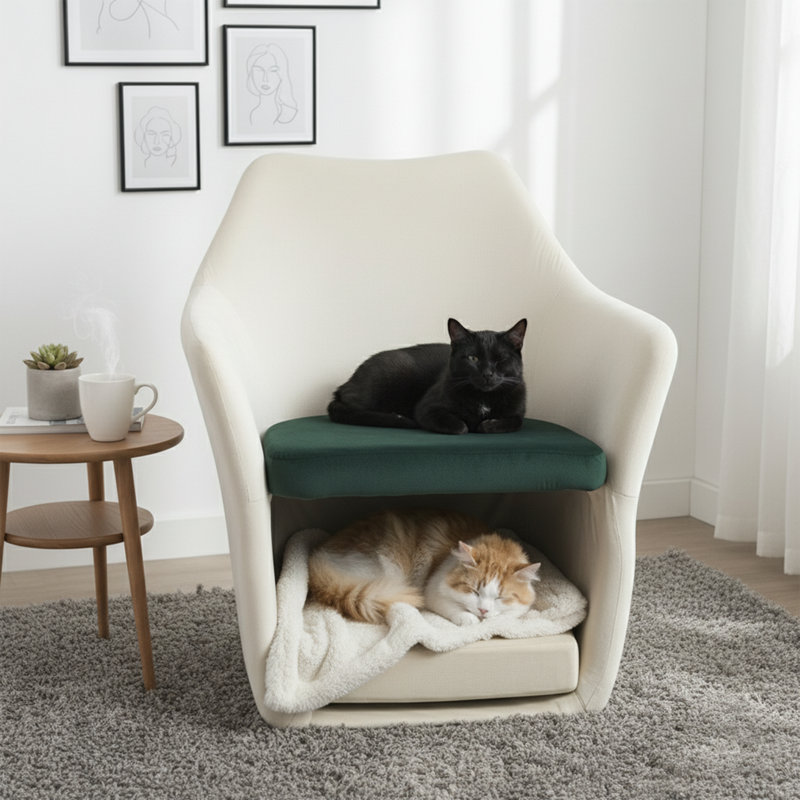 Chaise d'appoint Mid-Century l 26,25 po - Tissu blanc convenant aux animaux de compagnie - Pieds en bois massif