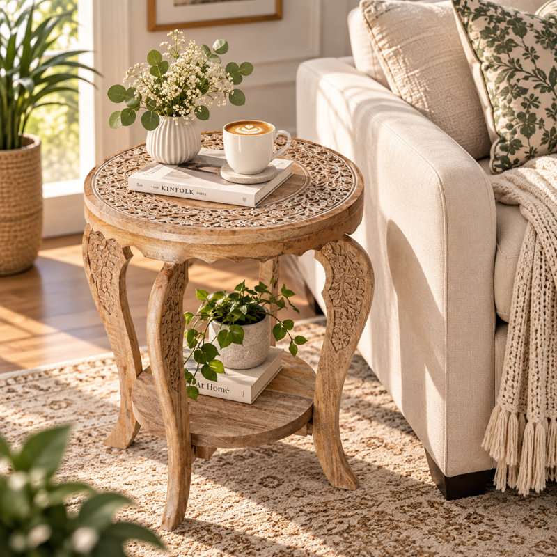 Hand-Carved Solid Wood End Table