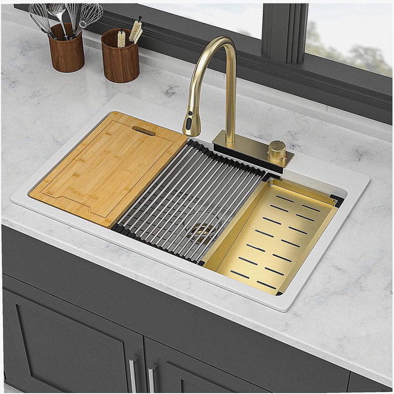 Évier de cuisine 33 po x 22 po en granite composite à simple cuve avec robinet coulissant - Évier de cuisine à cascade