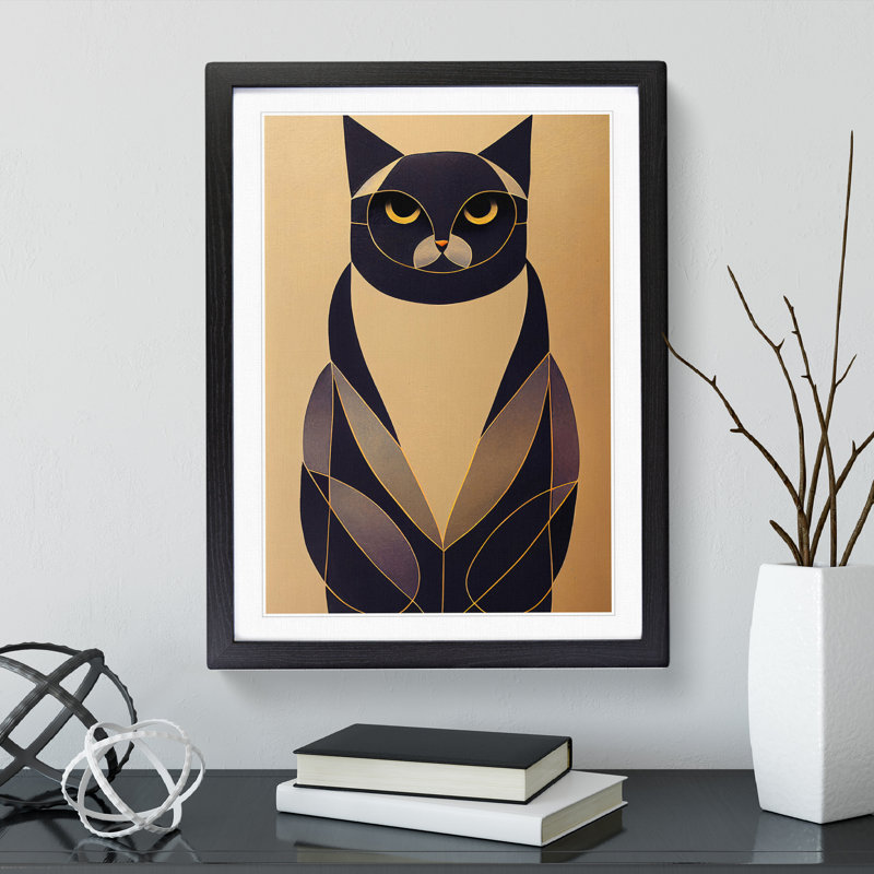 Cat Deco No.3 - Single Picture Frame Print, 64cm H x 46cm W x 2cm D, Black Framed