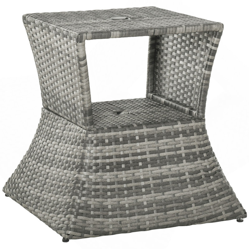 Rattan Wicker Side Table with Umbrella Hole, 2 Tier Storage Shelf for All Weather for Outdoor, Patio, Garden, Backyard, Mixed Grey 