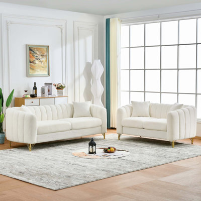 Oversized Chenille Sofa, Luxury 3 Seater + 2 Seater Deep Couch, Modern Tufted Design, Gold Metal Legs For Living Room, Bedroom, Apartment (White)