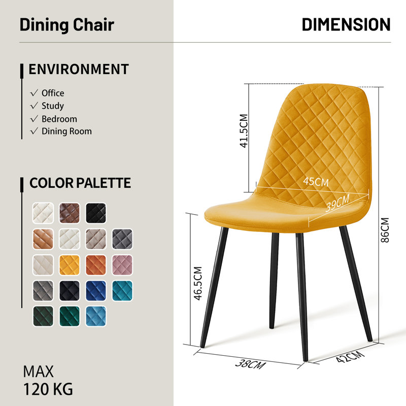 Kaylani Modern Upholstered Dining Chair, Yellow Velvet, Black