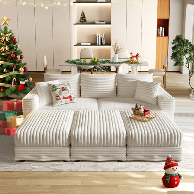 82.7" Upholstered Corduroy Sofa, 6 Piece No Assembly Required Sleeper Couch with Ottomans