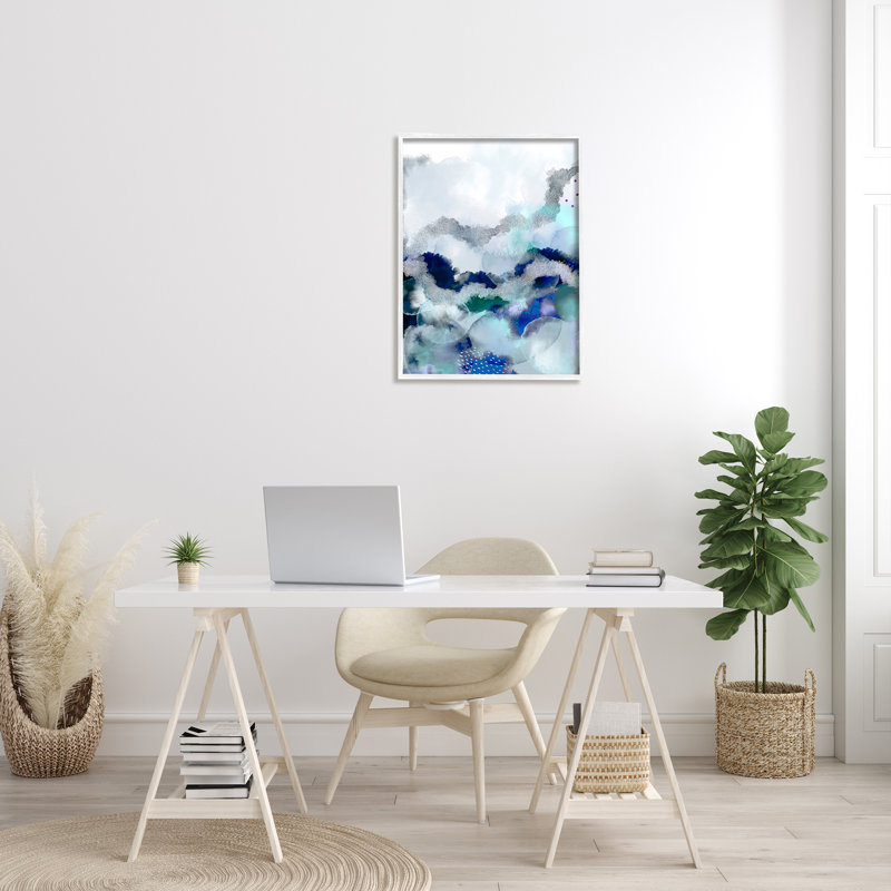 69, art mural sur toile bleu vert abstrait, H 30 po x l 24 po, Giclée encadrée blanc bord de mer