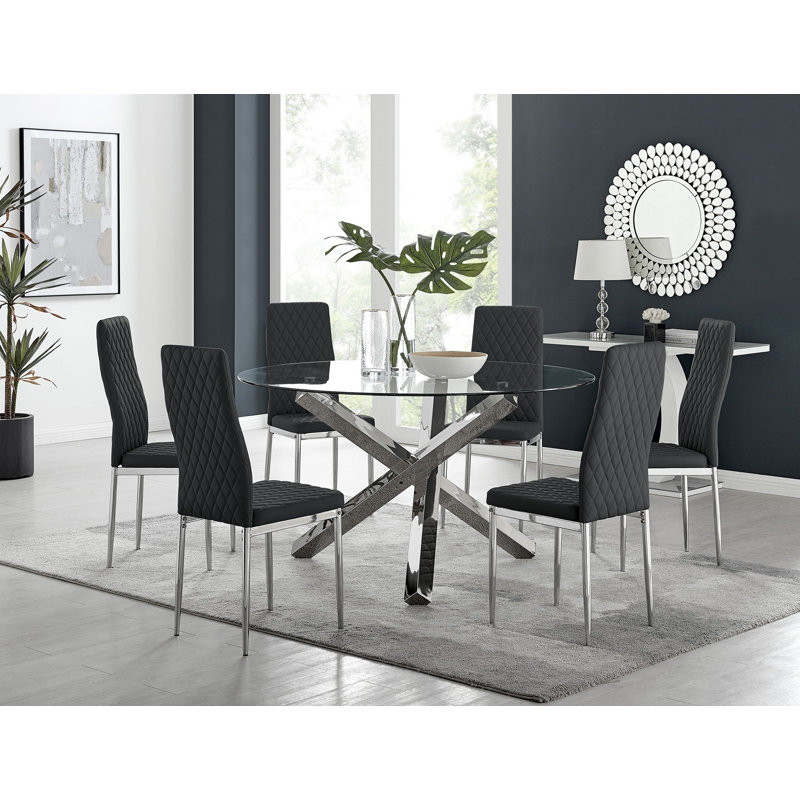 Vogo Modern Design Chrome and Glass Dining Table Set with 6 Quilted Faux Leather Dining Chairs, Black