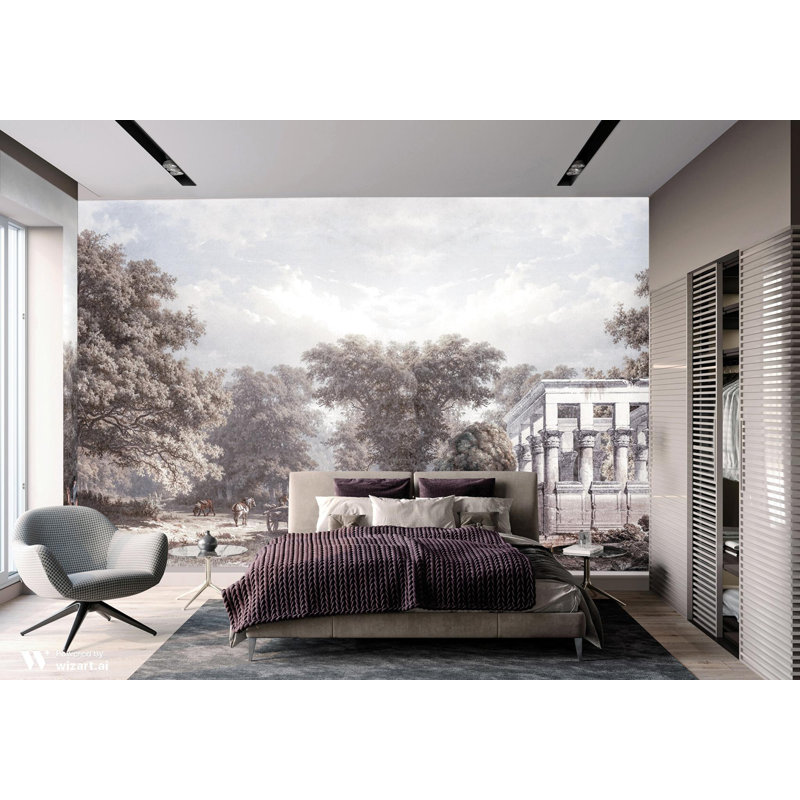 Scenic Countryside Mural With Classical Ruins, 117.96" L x 225" W, Gray