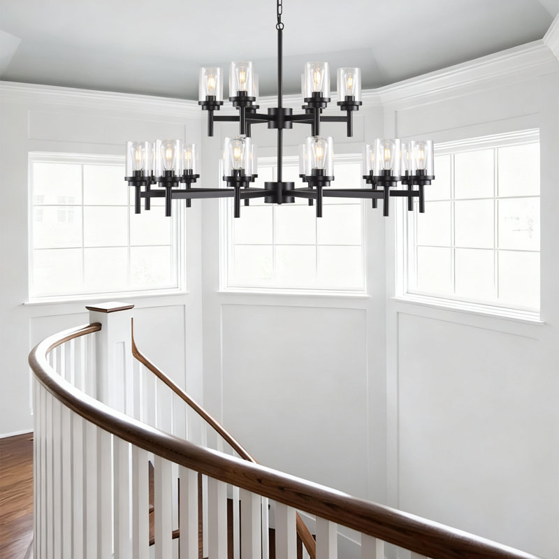 18-Light Black Modern Chandelier, Dining Room Pendant Light Fixture with Clear Glass Shades, 18 Lights