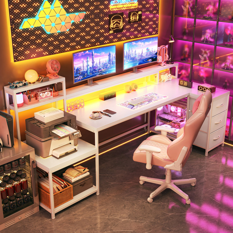 71"w Led L-shaped Computer Desk,gaming Desk With Power Outlet,home Office Desk With Monitor Stand, White