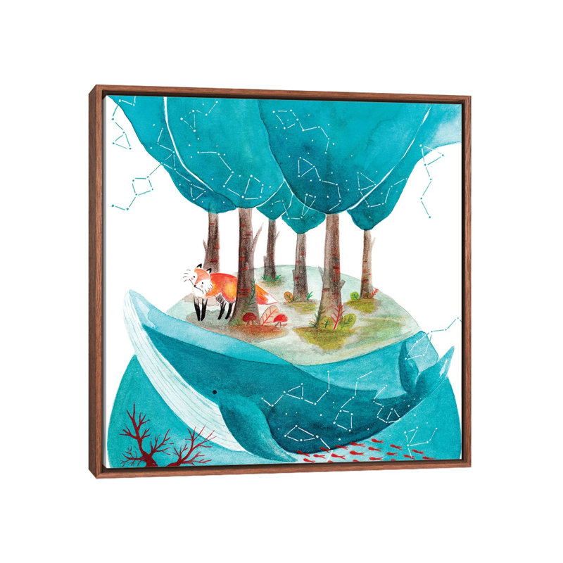 Renard et baleine II - impression, H 18 po x l 18 po x 1,5 po, Toile avec cadre brun, Pas de tapis