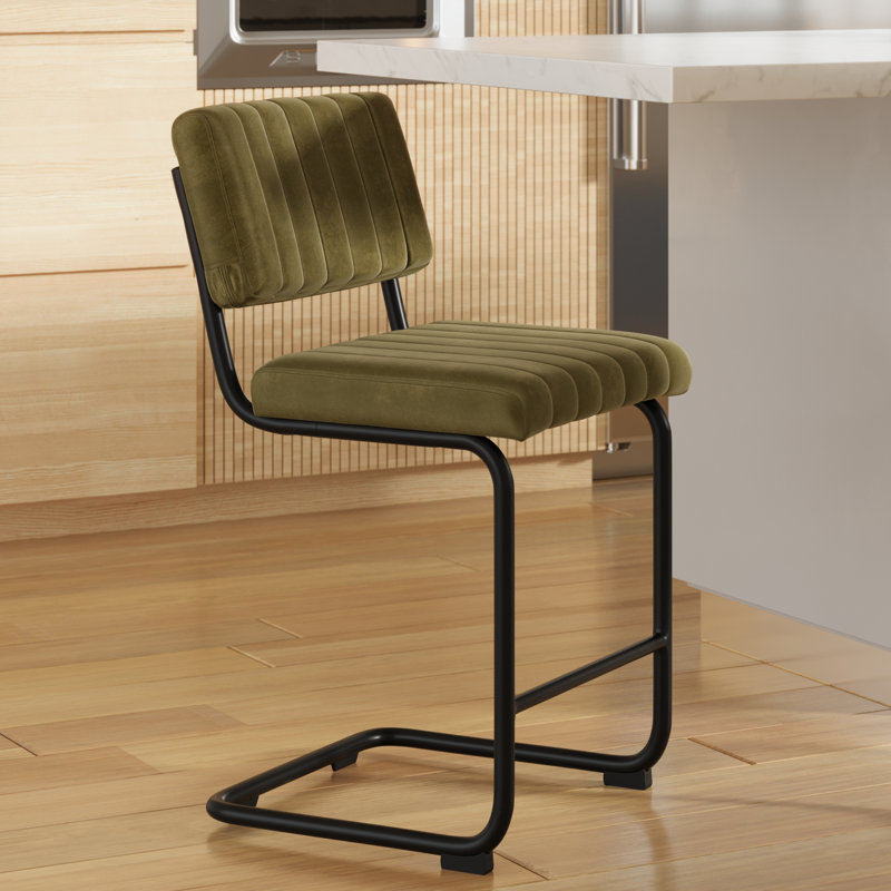 Olive Green Velvet Upholstered Counter Stool with Black Metal Frame