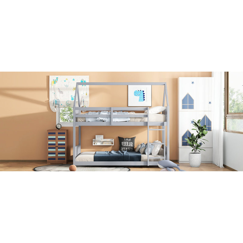 Lit simple au-dessus d'un lit superposé gris - Barrières de sécurité, têtes de lit, pieds de lit, bois d'hévéa fin avec rails de sécurité