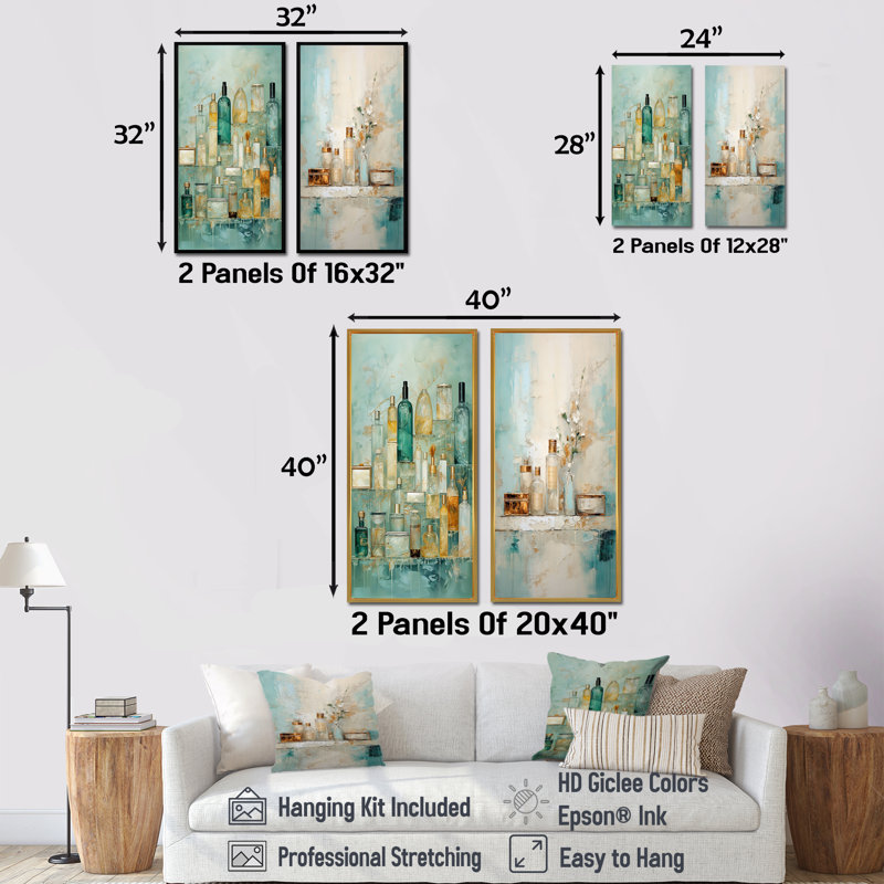 Ensemble de 2 reproductions d'art mural de salle de bain turquoise, Toile tendue, H 32 po x l 33 po