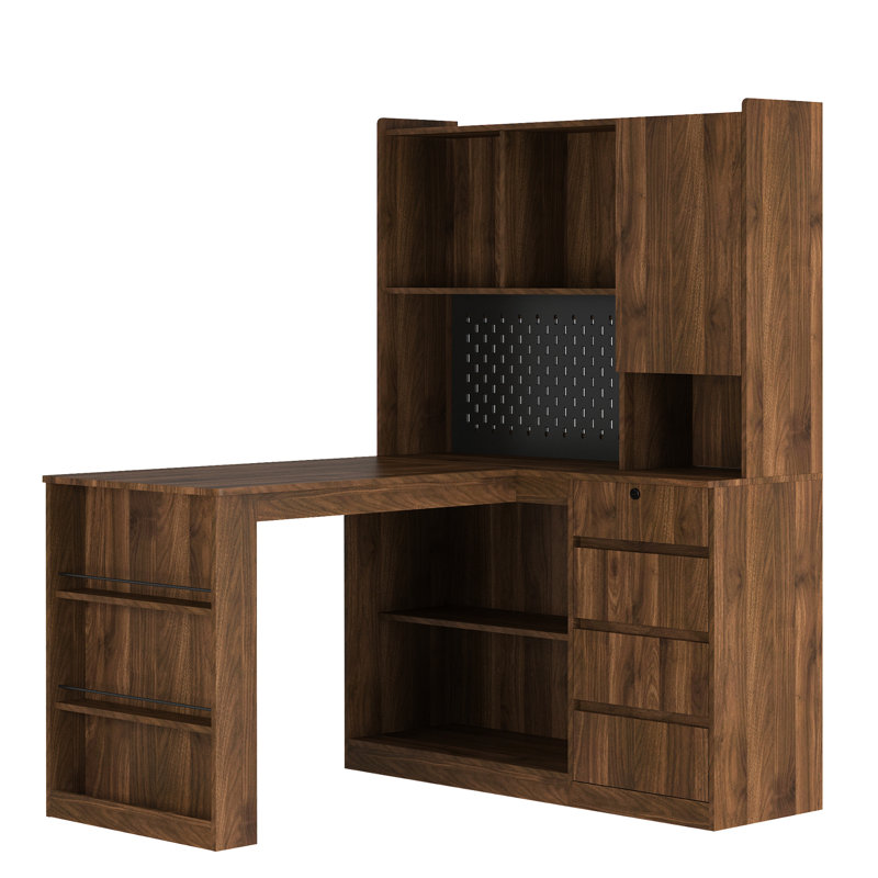 Bureau d'ordinateur en L avec chargeur, tiroirs, bibliothèque et éclairage à DEL pour bureau à domicile moderne