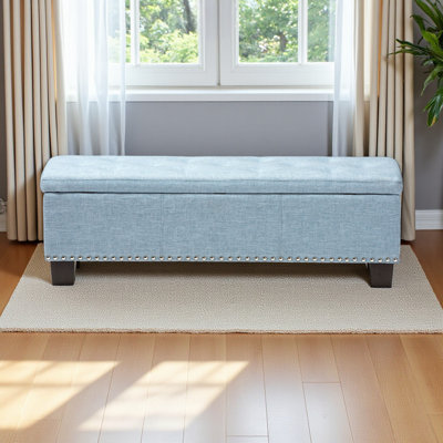 Botello Storage Bench, Light Blue Fabric Upholstered, Button-Tufting, 17.04" H X 51.94" W X 16.43" D