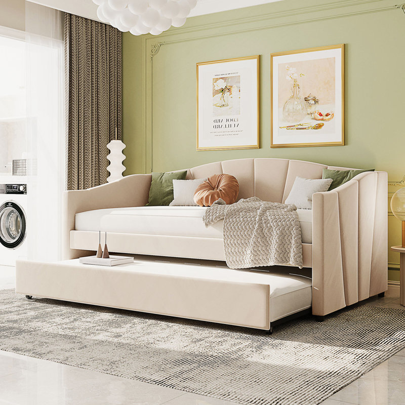 Lit de jour rembourré avec lit gigogne et lattes de bois pour un sommeil confortable et peu encombrant, Beige