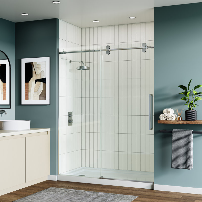 56" - 60" W X 76" H Single Sliding Frameless Shower Door With Cleancoat Glass, Brushed Nickel