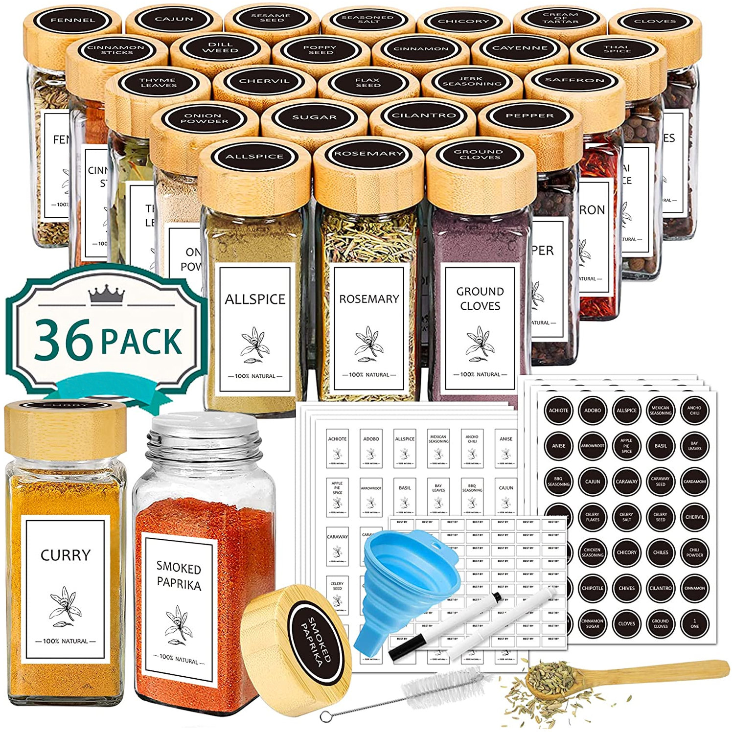Spice Rack Organizer with 18 Empty Square Spice Jars, 396 Spice Label