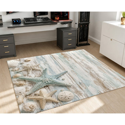 Ocean Starfish Seashell Area Rug, Coastal Beach Wood Grain Pattern, Non-Slip Washable Floor Carpet, Artistic Indoor Home Decor for Living Room, Bedroom, Entryway, Front Door, Kitchen, Balcony, Apartment
