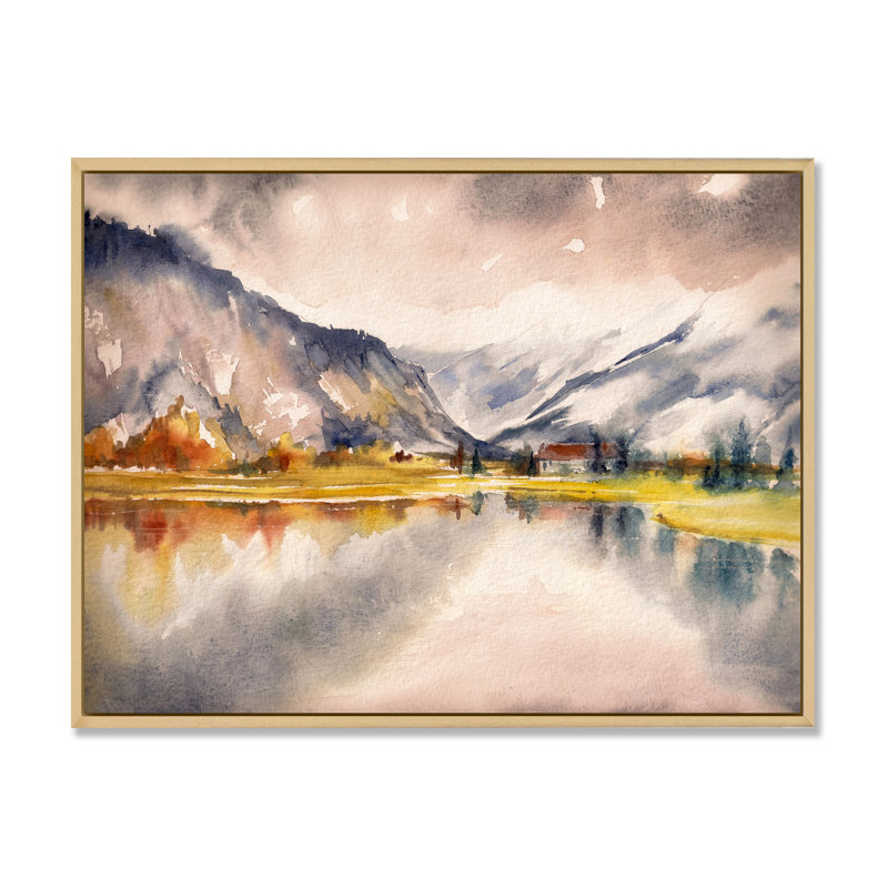 Paysage d'automne avec le ciel reflété sur le lac - Peinture sur toile, H 16 po x l 32 po, Cadre flottant en érable