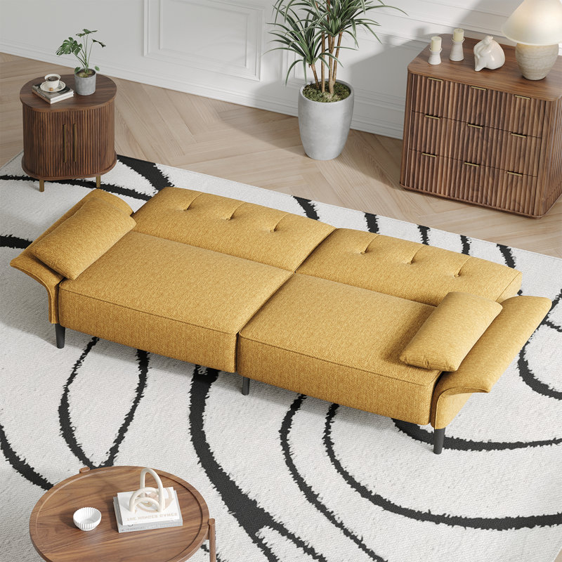 89" Linen Convertible Sofa Couch, Futon Sofa Bed with 2 Square Pillows, Adjustable Backrest & Armrests for Living Room