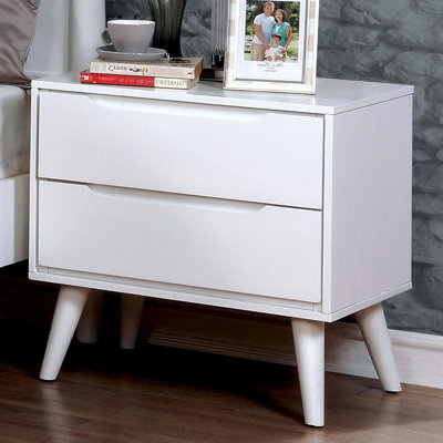 Table de chevet moderne en bois massif blanc Mid-Century, 2 avec table de chevet ronde à pieds fuselés, 2 tiroirs et angle