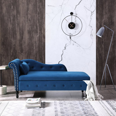 Chaise longue de rangement en velours bleu Acord avec garniture cloutée, capitonnage à boutons et base de rangement multifonctionnelle stable, pieds en bois massif, matériau sécuritaire pour la peau