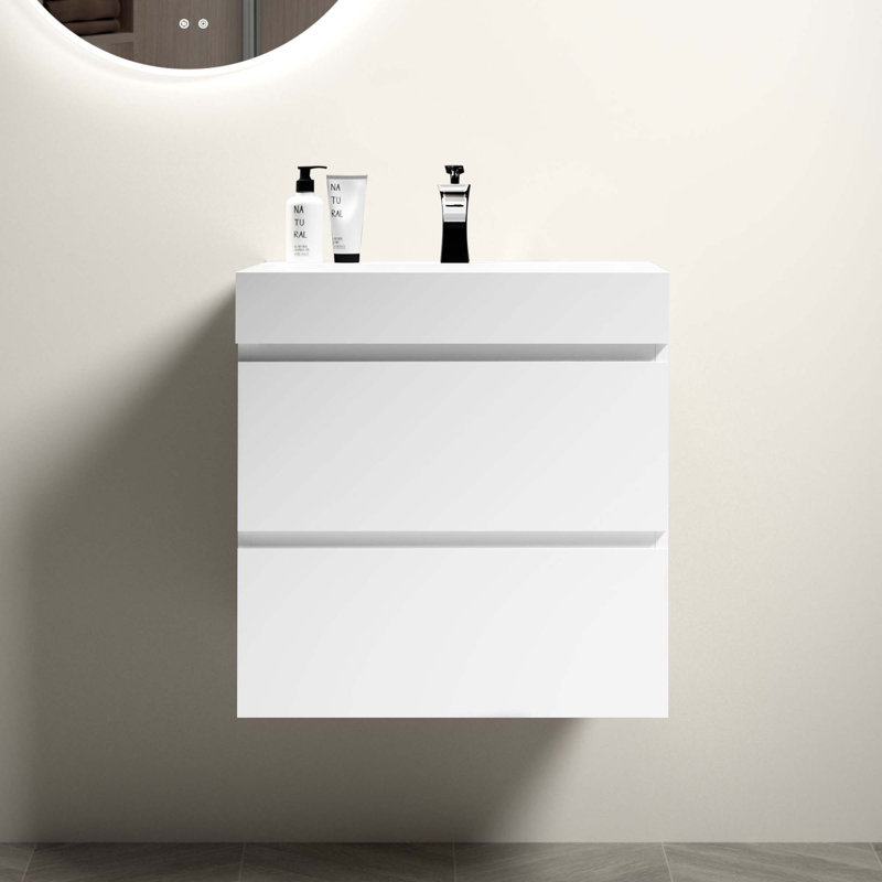 Meuble-lavabo mural moderne avec lavabo une pièce sans drain ni robinet, Blanc, Blanc