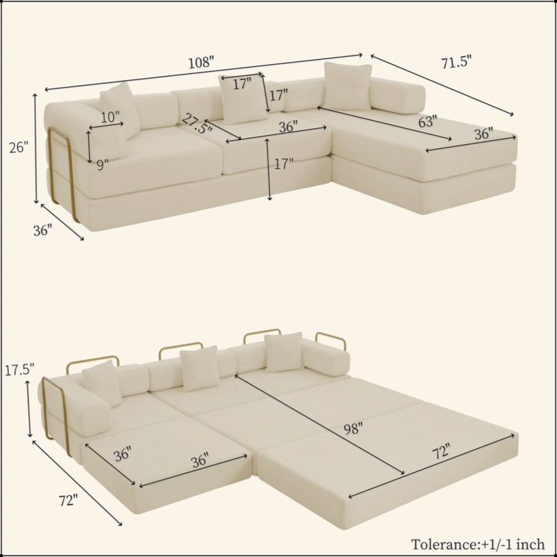Canapé modulaire de 108 po avec méridienne en forme de L, méridienne désossée avec assise profonde, canapés à compression en éponge sans assemblage, canapé-lit pliant moderne avec dossier amovible