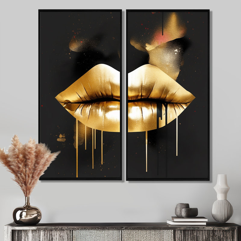 Lèvres dorées de luxe II - art mural tendance, 32'' H x 32'' W, Impression encadrée flottante, Black