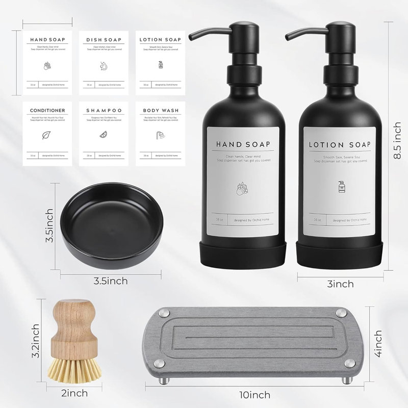 16oz Clear Glass Kitchen Soap Dispenser Set | Stainless Steel Pump, Dry Tray & Accessories | Labels, Silicone Pad & Dish Brush