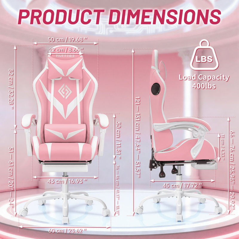 Hoffree Massage Ergonomic Gaming Chair with Bluetooth Speakers and RGB LED Lights, Pink/White