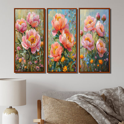 Pivoines dans un champ de fleurs sauvages - Collection d'art mural traditionnel 3 pièces