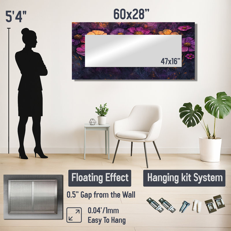Zinnias Flowers Lavender Midnight Field I - décoration murale miroir floral - imprimé sur métal, 28 po x 60 po