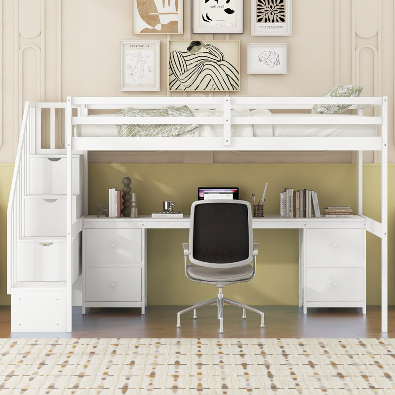 Twin Size Loft Bed Frame With Built-In Desk And Double Storage Drawers,White