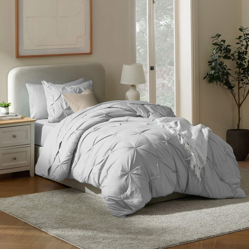 Bed-in-A-Bag Pleated Comforter Set with Bed Sheets, Light Gray, Twin Extra Long Comforter + 4 Additional Pieces