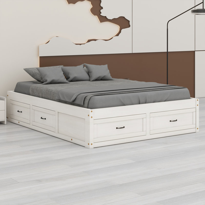 Lit plateforme avec 6 tiroirs de rangement, Grand, Blanc antique