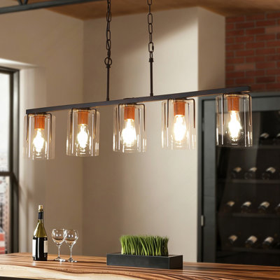Lustre linéaire à 5 lumières, îlot de cuisine industriel avec hauteur réglable, abat-jour en verre transparent et grain de bois, base E26, luminaire de salle à manger moderne pour le salon
