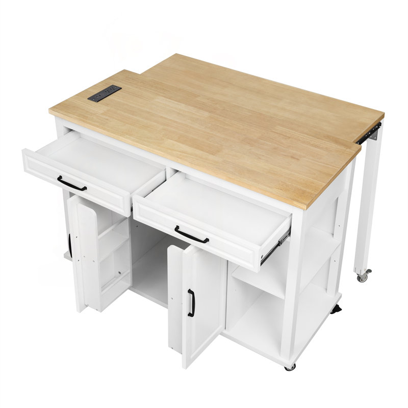 47" Kitchen Island with Extendable Dining Table, Power Outlet & Internal Storage Rack (White), White