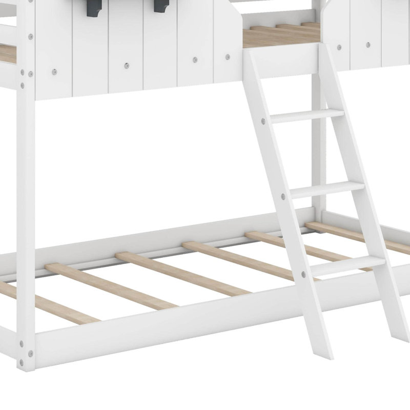 Lit superposé Lit en bois avec toit, fenêtre, lit au sol avec garde-corps, échelle, lit superposé bas