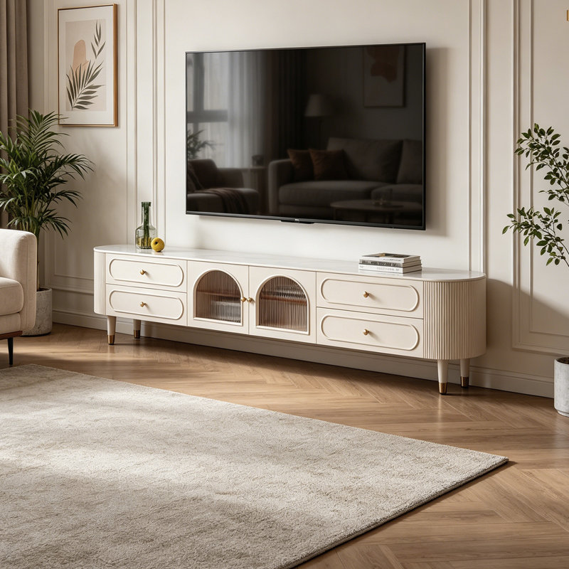 Meuble télé simple et moderne avec rangement multifonctionnel, H 19,29 po x L 86,61 po x l 15,74 po