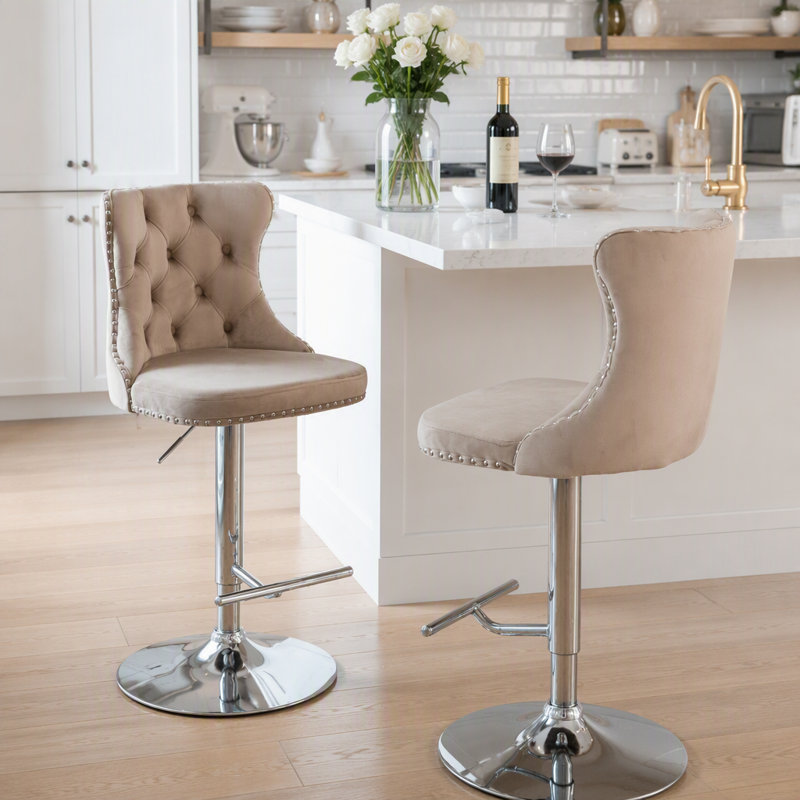 Tabourets de bar pivotants en velours à hauteur de siège réglable de 25 à 33 pouces, Argent, Kaki